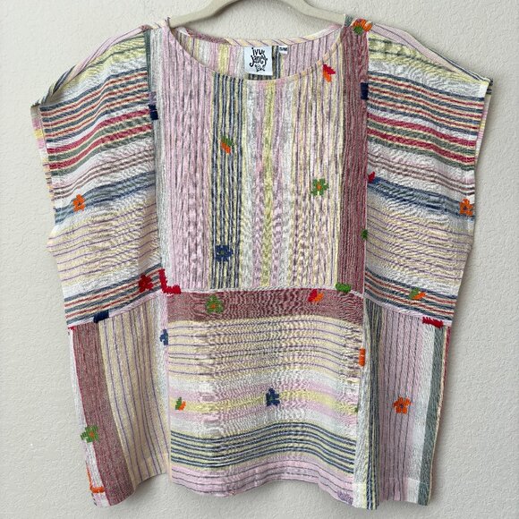 Ivy Jane Embroidered Cotton Mixed Stripe Boxy Boho Blouse Top - Picture 1 of 13